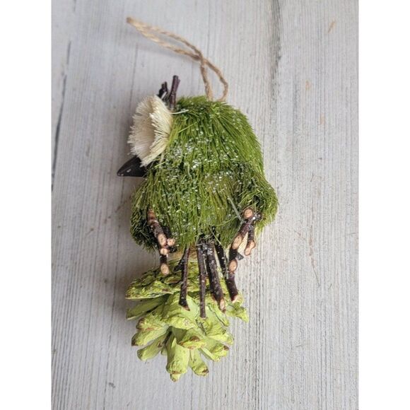 Unique mini Green Owl bristle brush ornament pine cone glitter Xmas - Picture 5 of 8